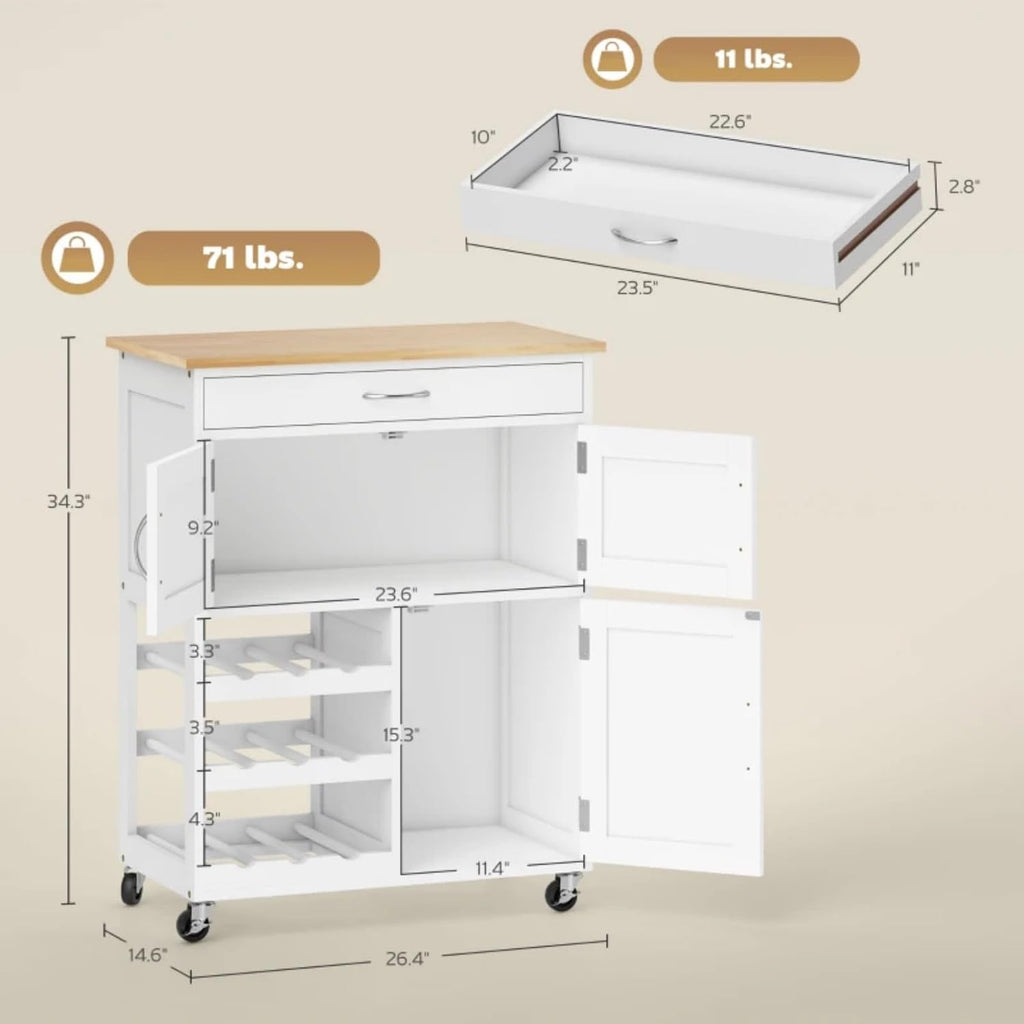 White Butcher‑Block Rolling Kitchen Cart