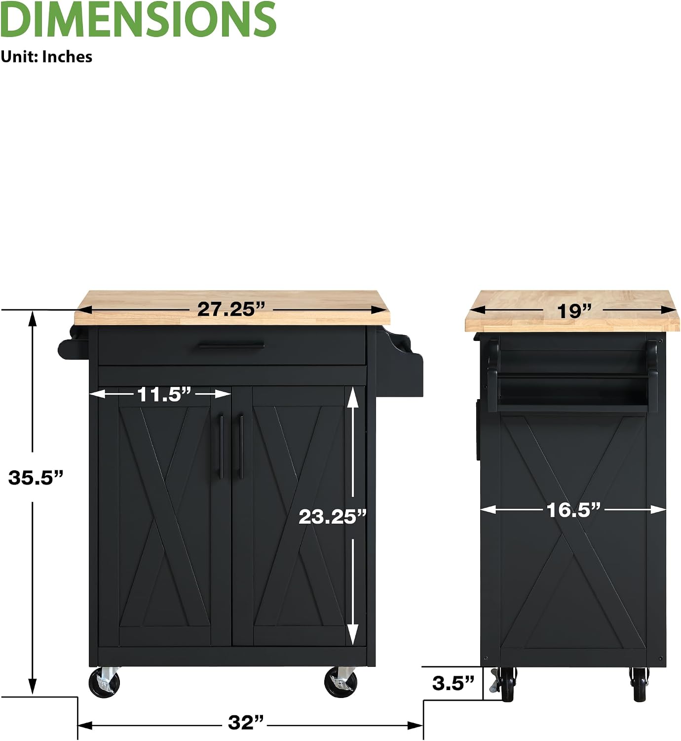 Black Farmhouse Butcher‑Block Kitchen Cart