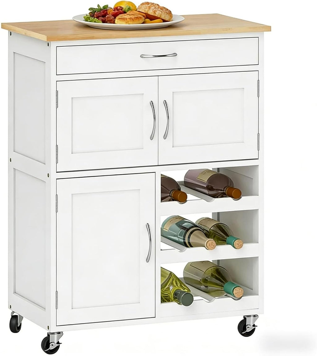 White Butcher‑Block Rolling Kitchen Cart