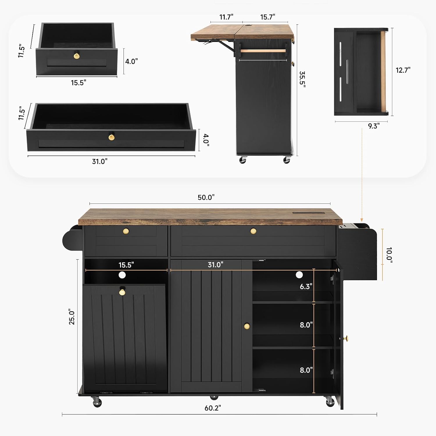 Black Rolling Drop‑Leaf Kitchen Island