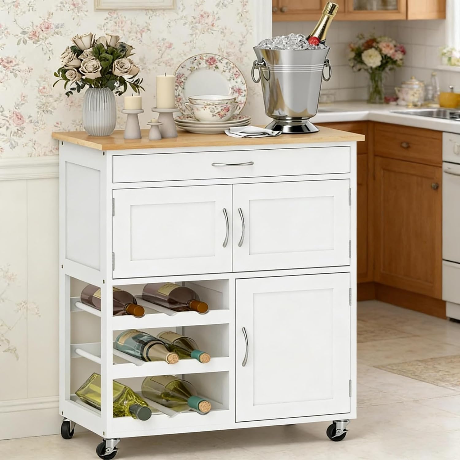White Butcher‑Block Rolling Kitchen Cart