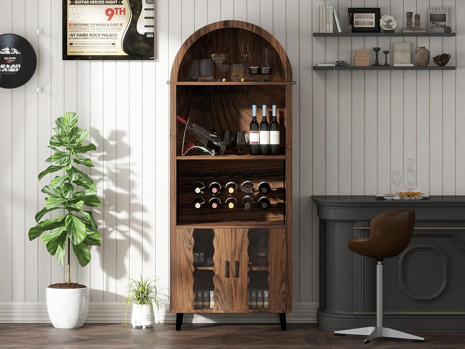 Brown Oak Farmhouse Arched Bar Cabinet