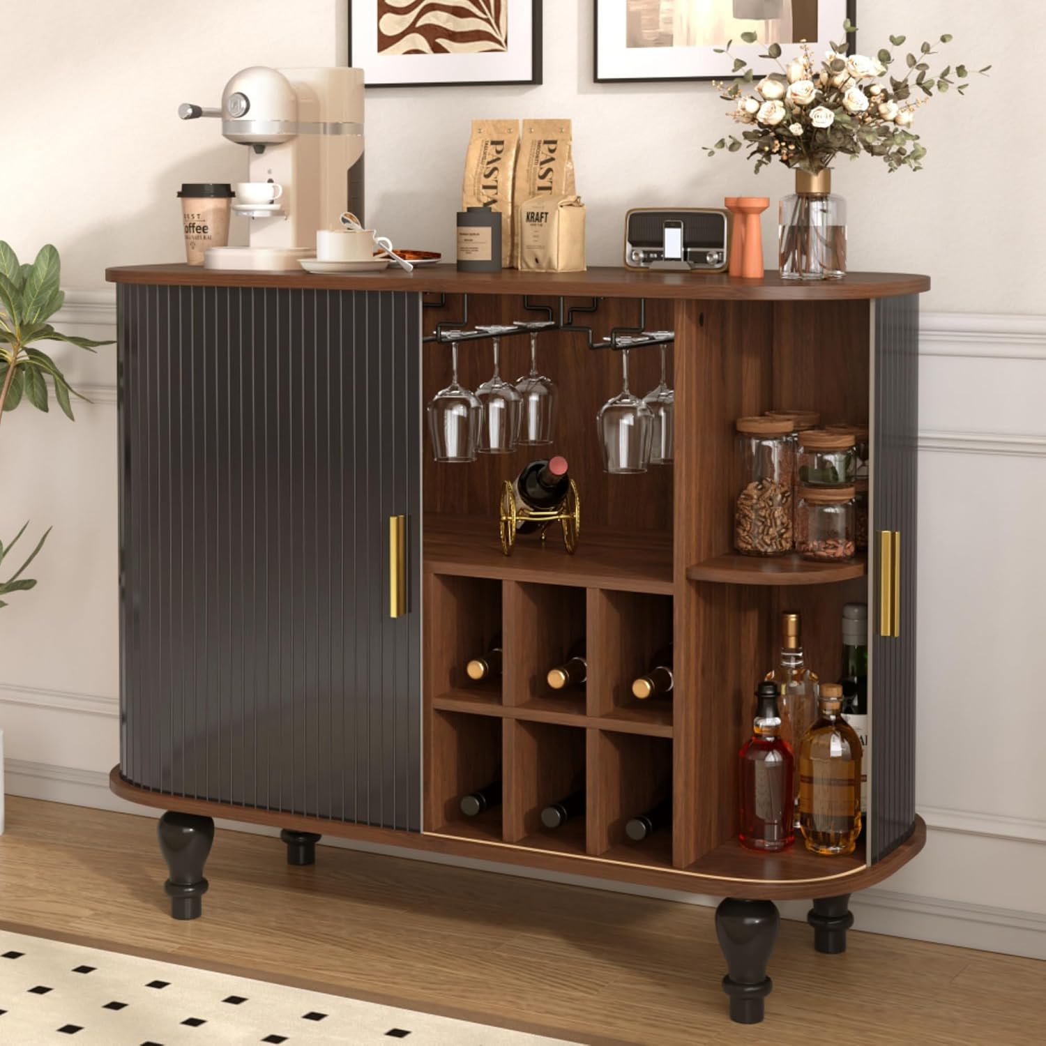 Black Fluted Mid‑Century Bar Cabinet