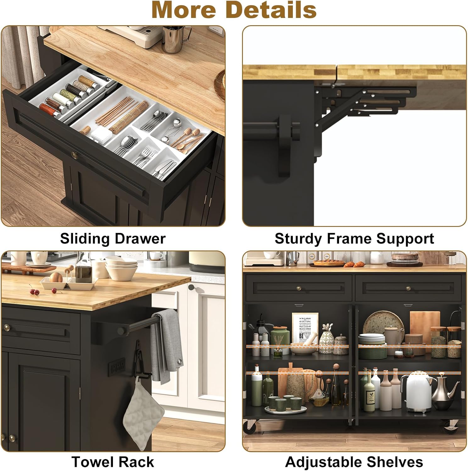 Black Rolling Drop‑Leaf Kitchen Island