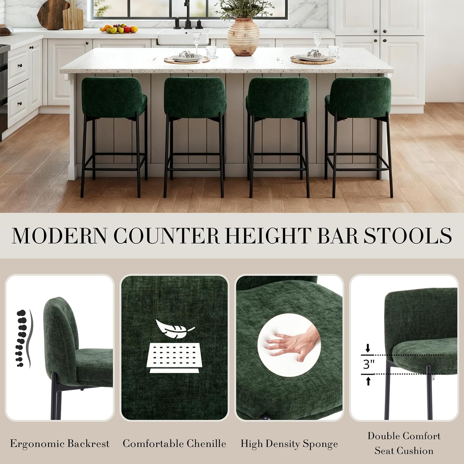 Green Chenille Counter Bar Stools