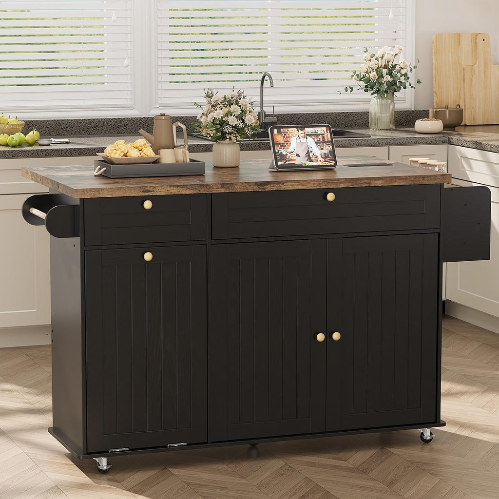 Black Rolling Drop‑Leaf Kitchen Island