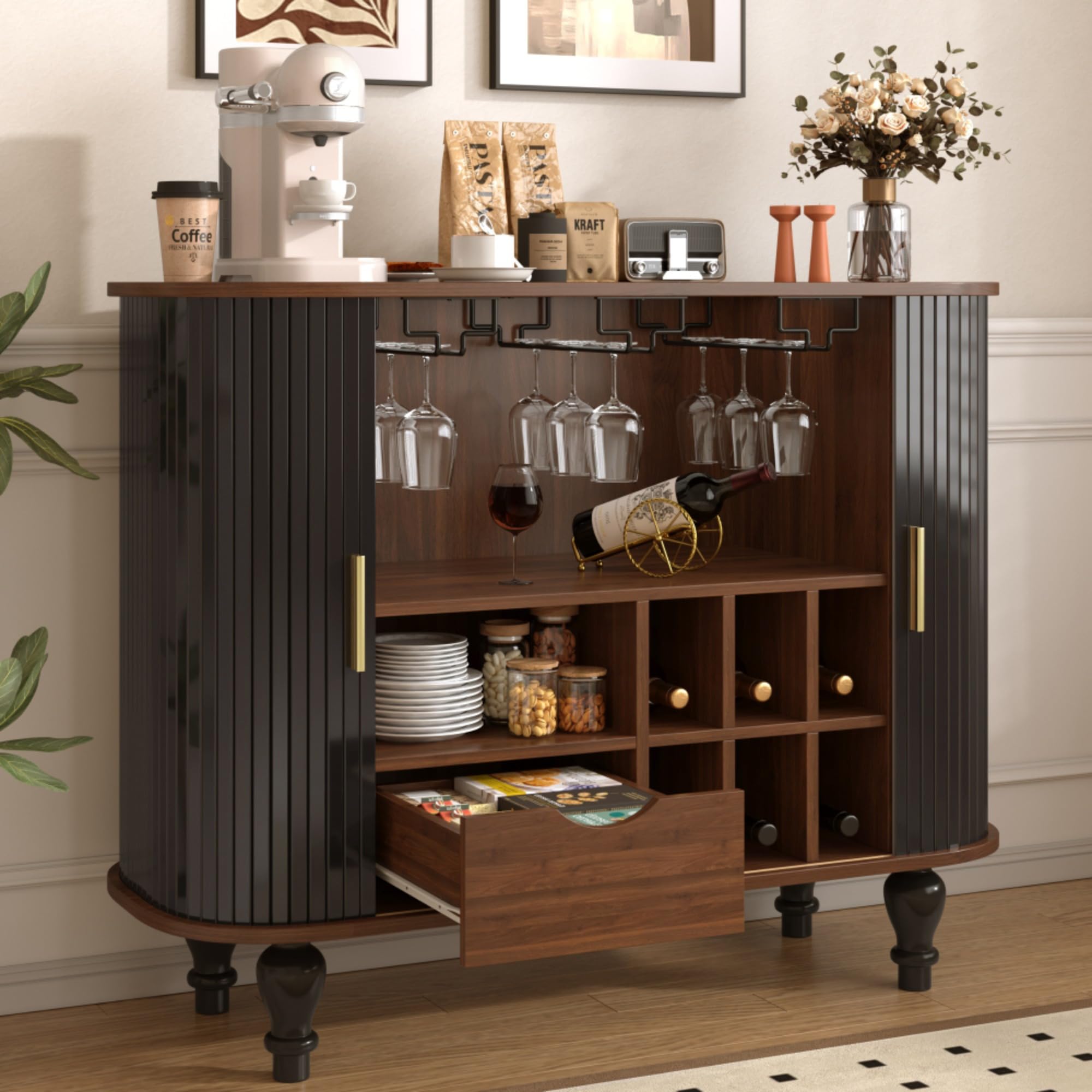 Black Fluted Mid‑Century Bar Cabinet