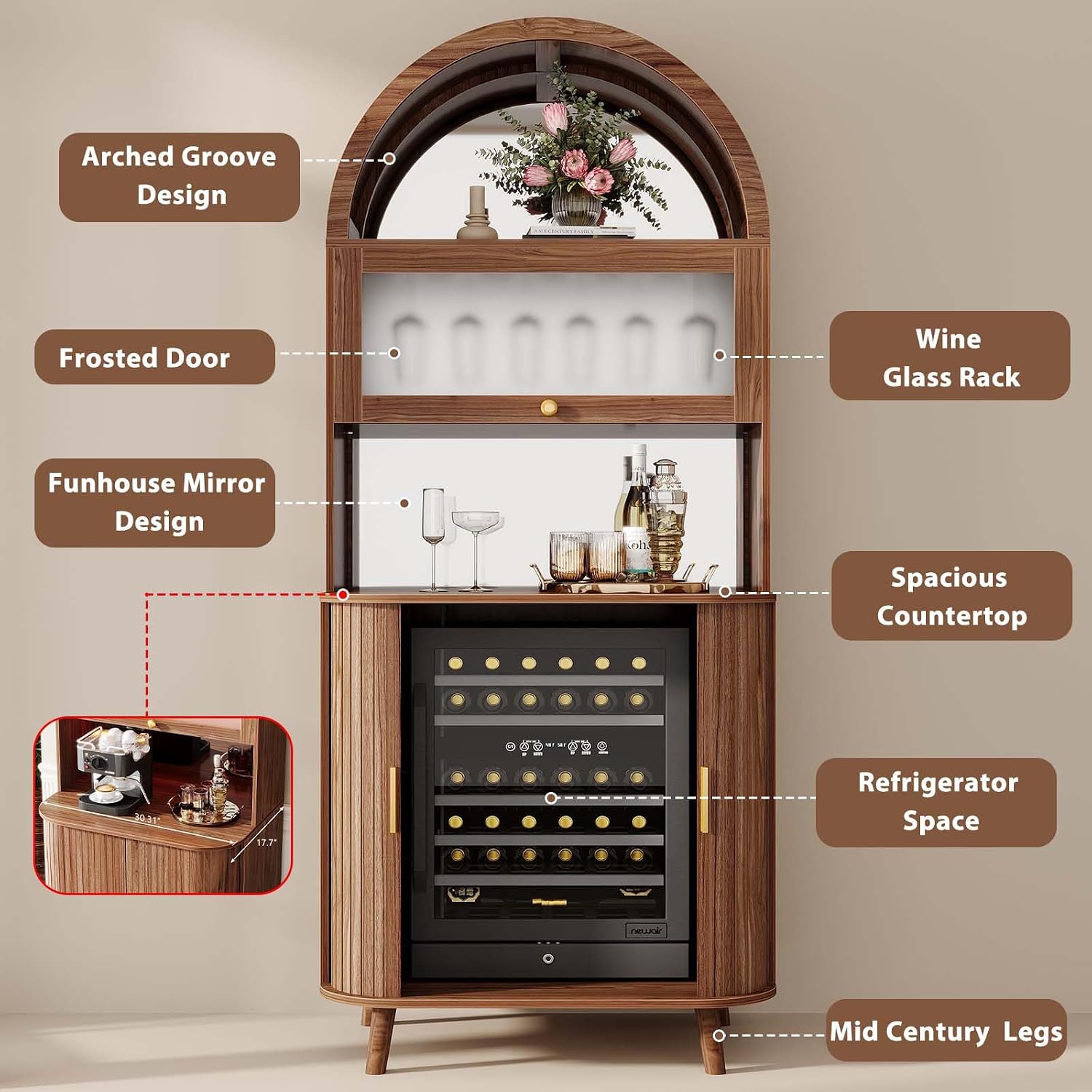 Walnut Arched LED Wine Bar Cabinet