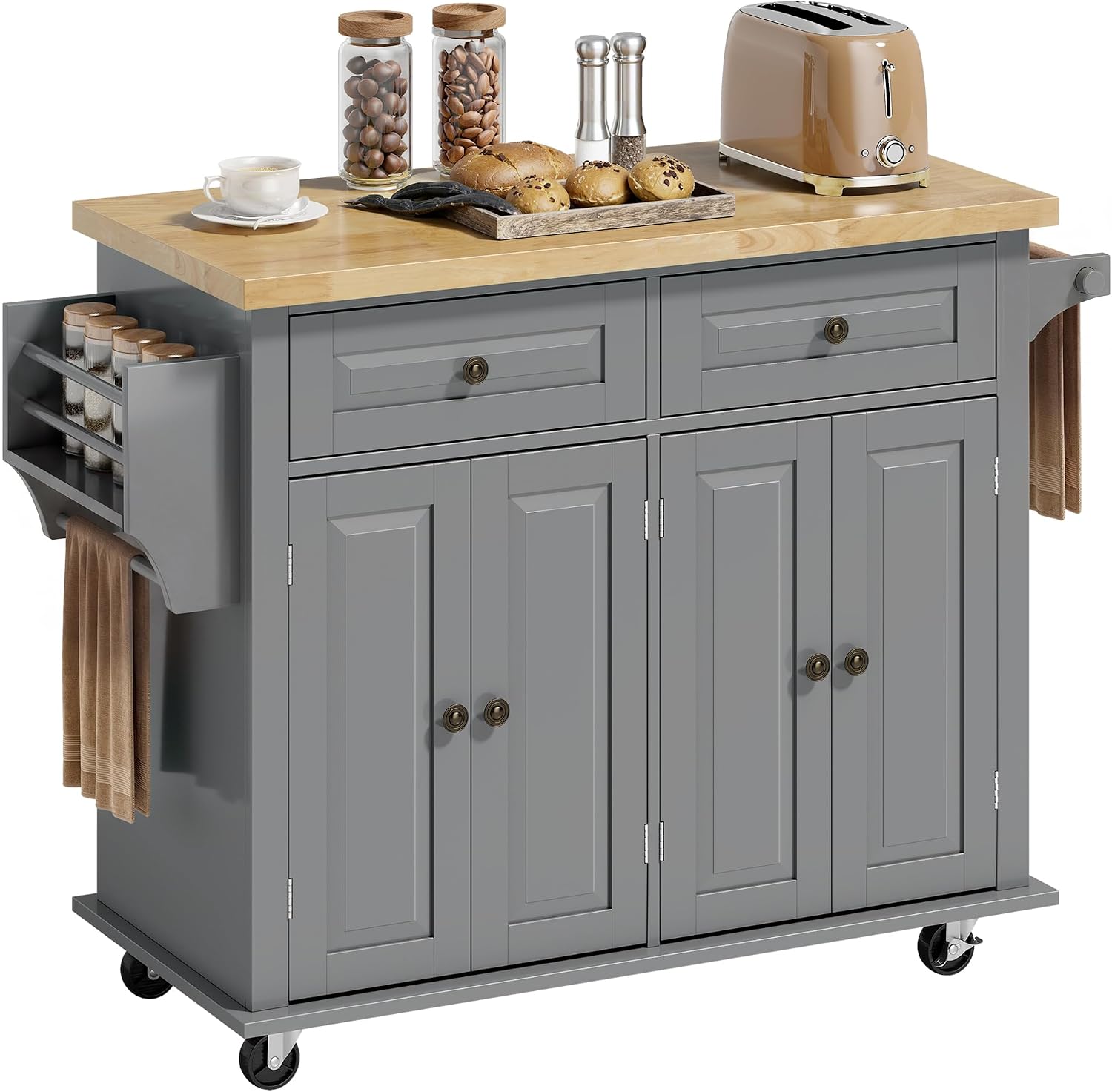 Gray Wood‑Top Rolling Kitchen Cart