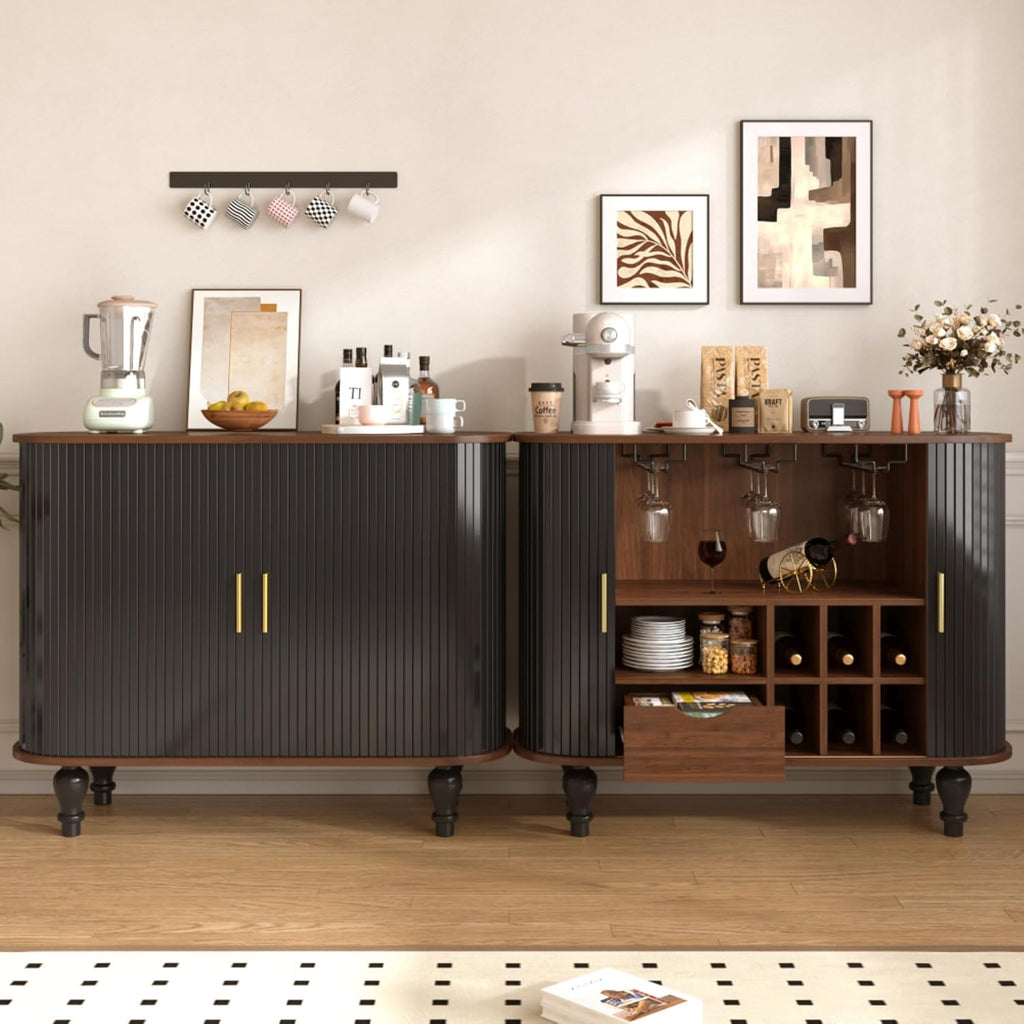 Black Fluted Mid‑Century Bar Cabinet