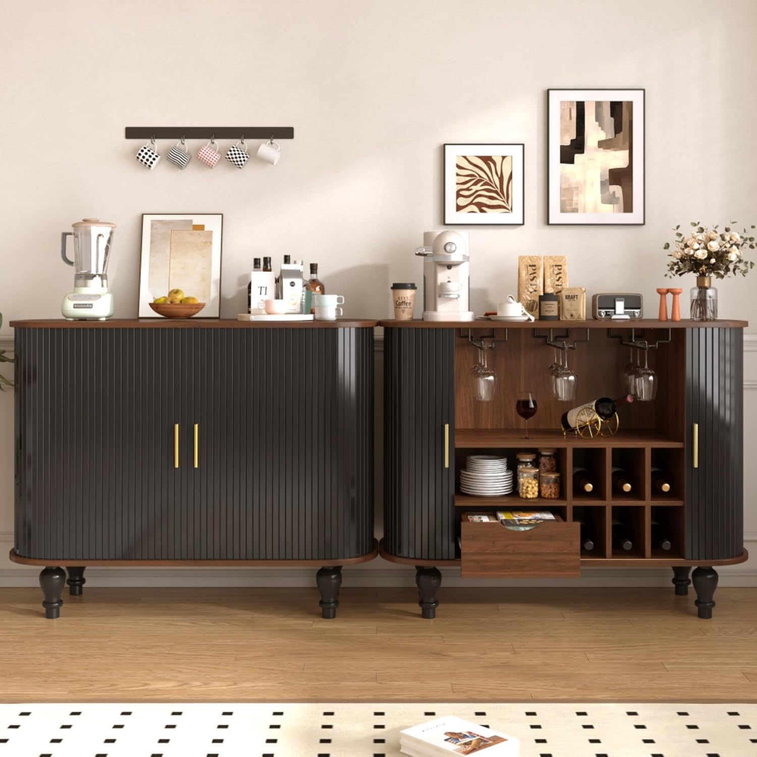 Black Fluted Mid‑Century Bar Cabinet