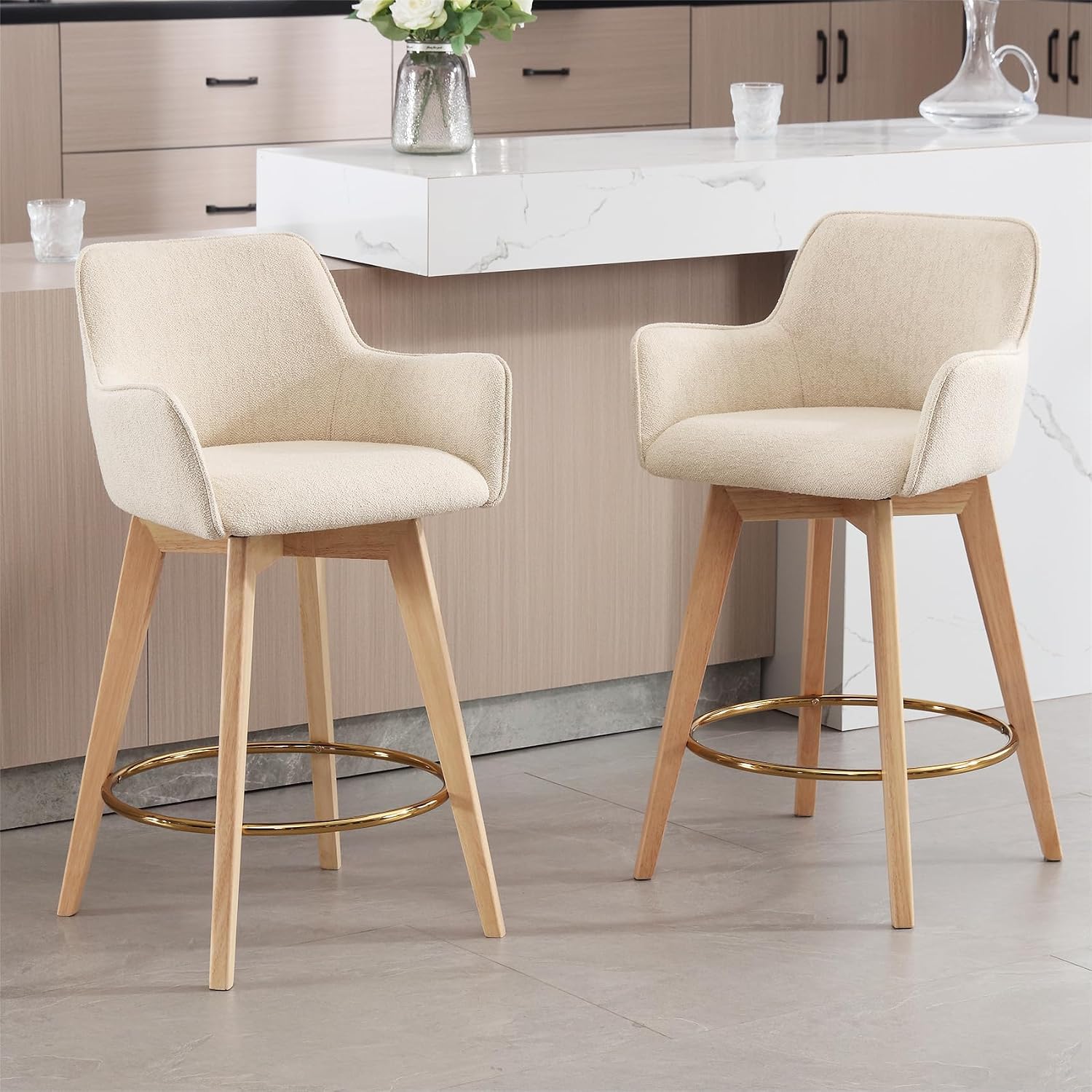 Beige Swivel Linen Counter Bar Stools