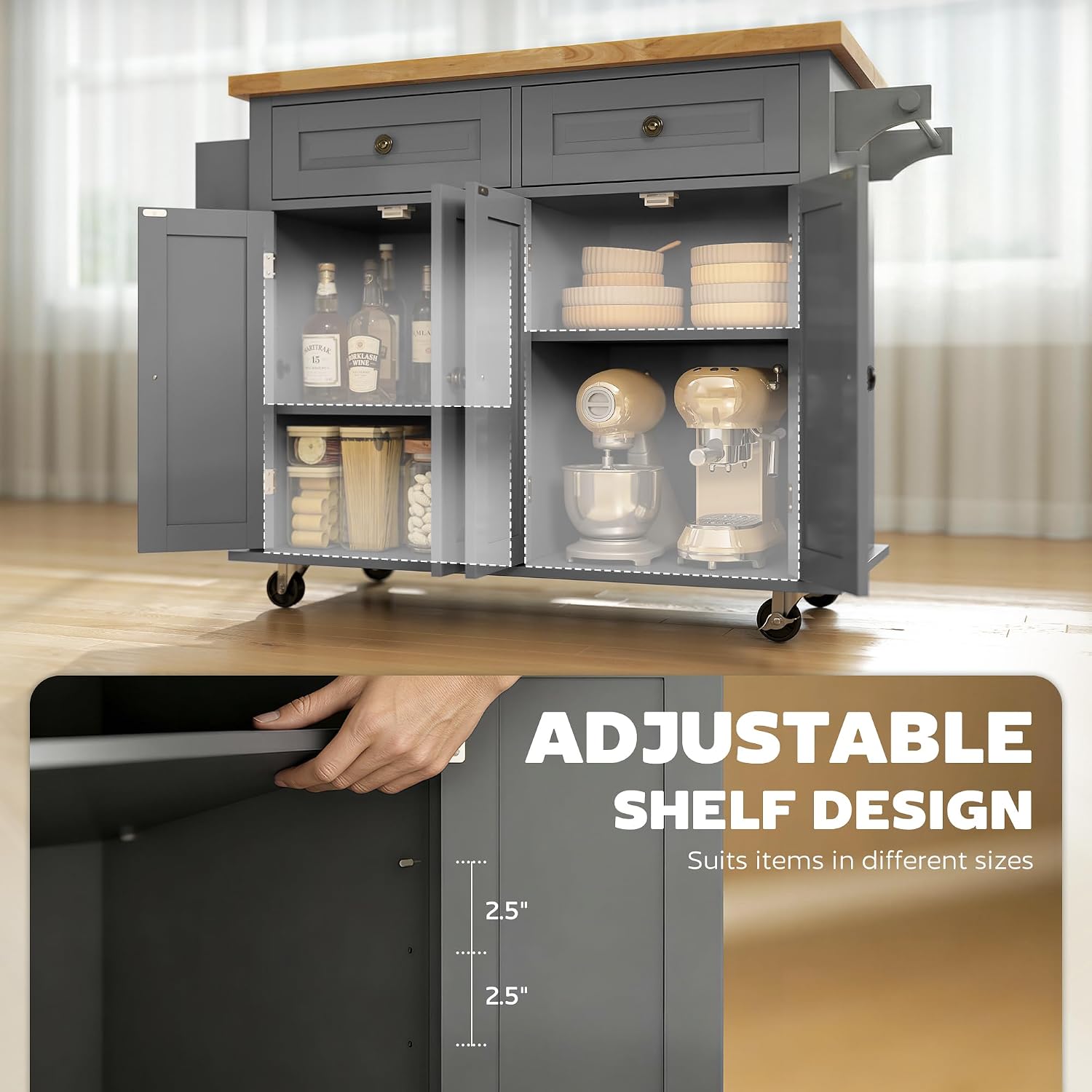 Gray Wood‑Top Rolling Kitchen Cart