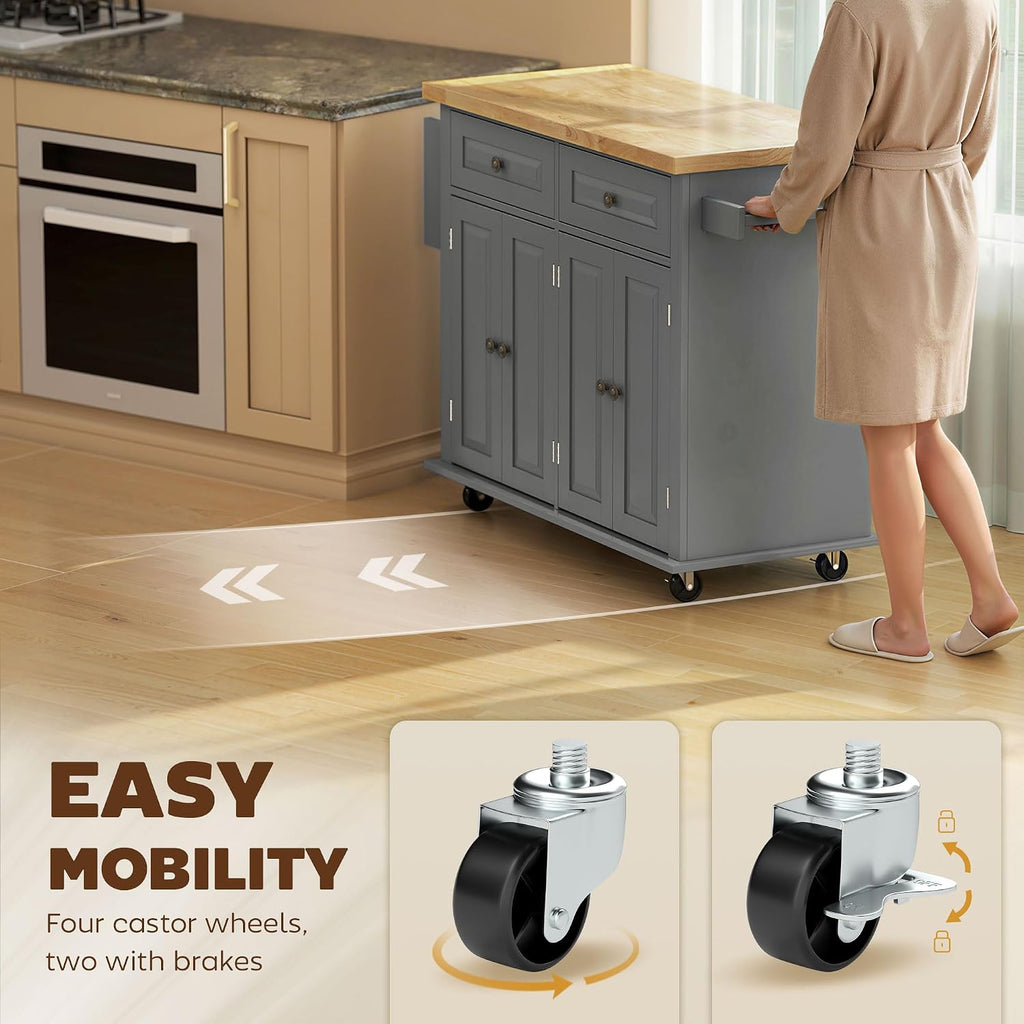 Gray Wood‑Top Rolling Kitchen Cart