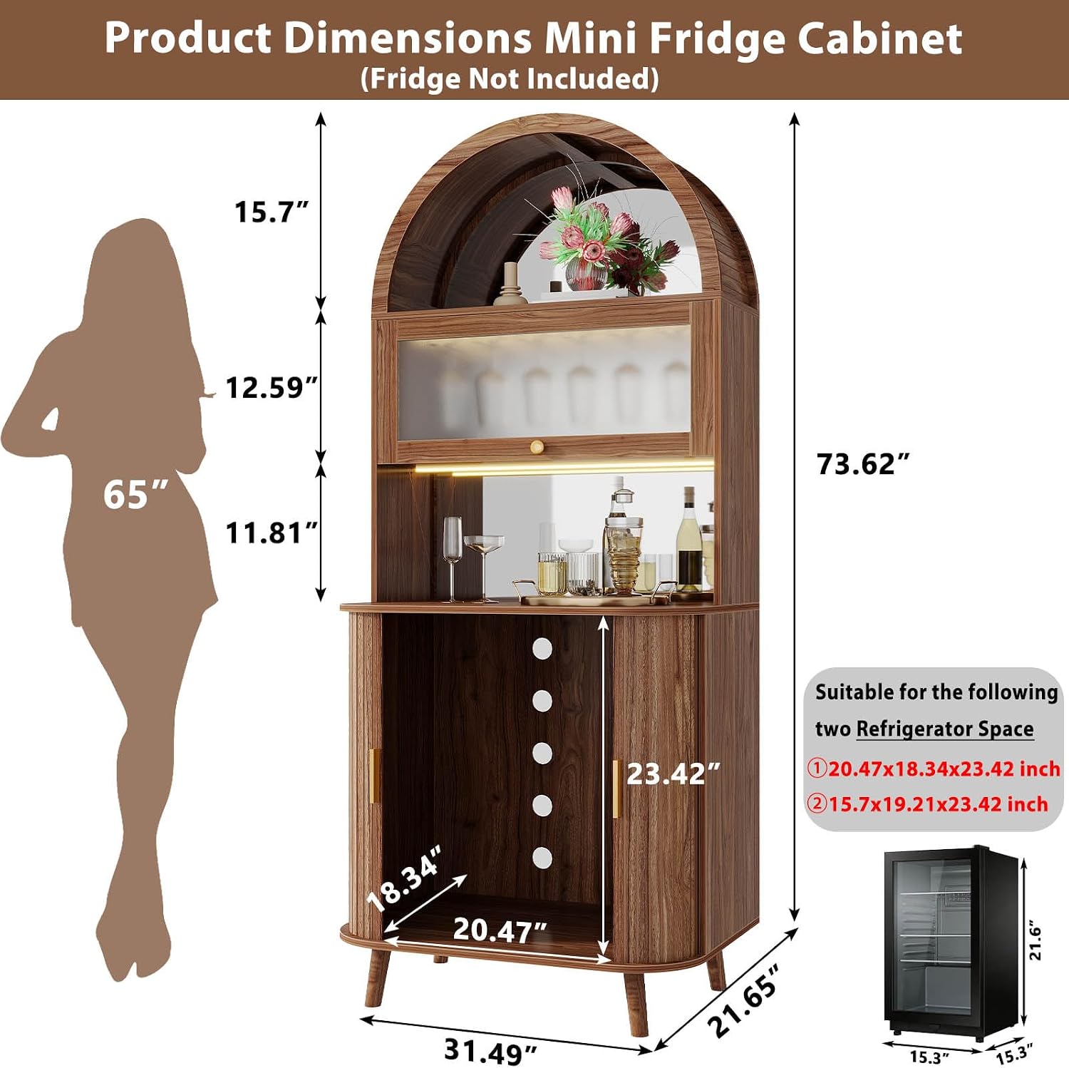 Walnut Arched LED Wine Bar Cabinet