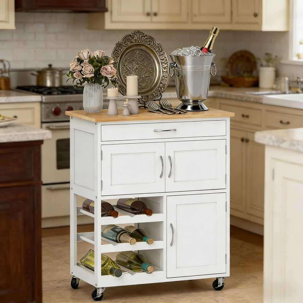 White Butcher‑Block Rolling Kitchen Cart