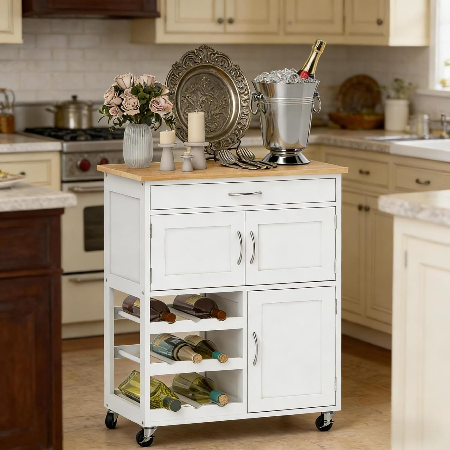 White Butcher‑Block Rolling Kitchen Cart