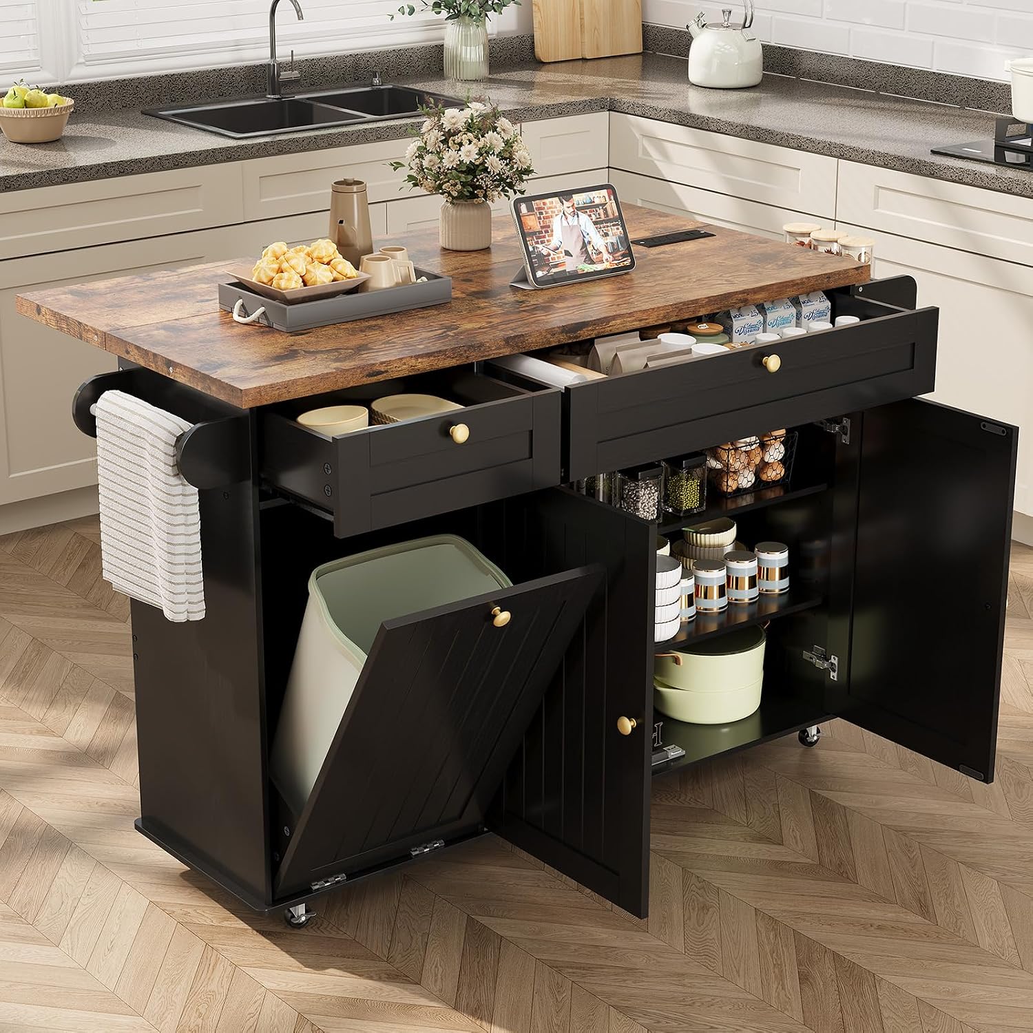 Black Rolling Drop‑Leaf Kitchen Island