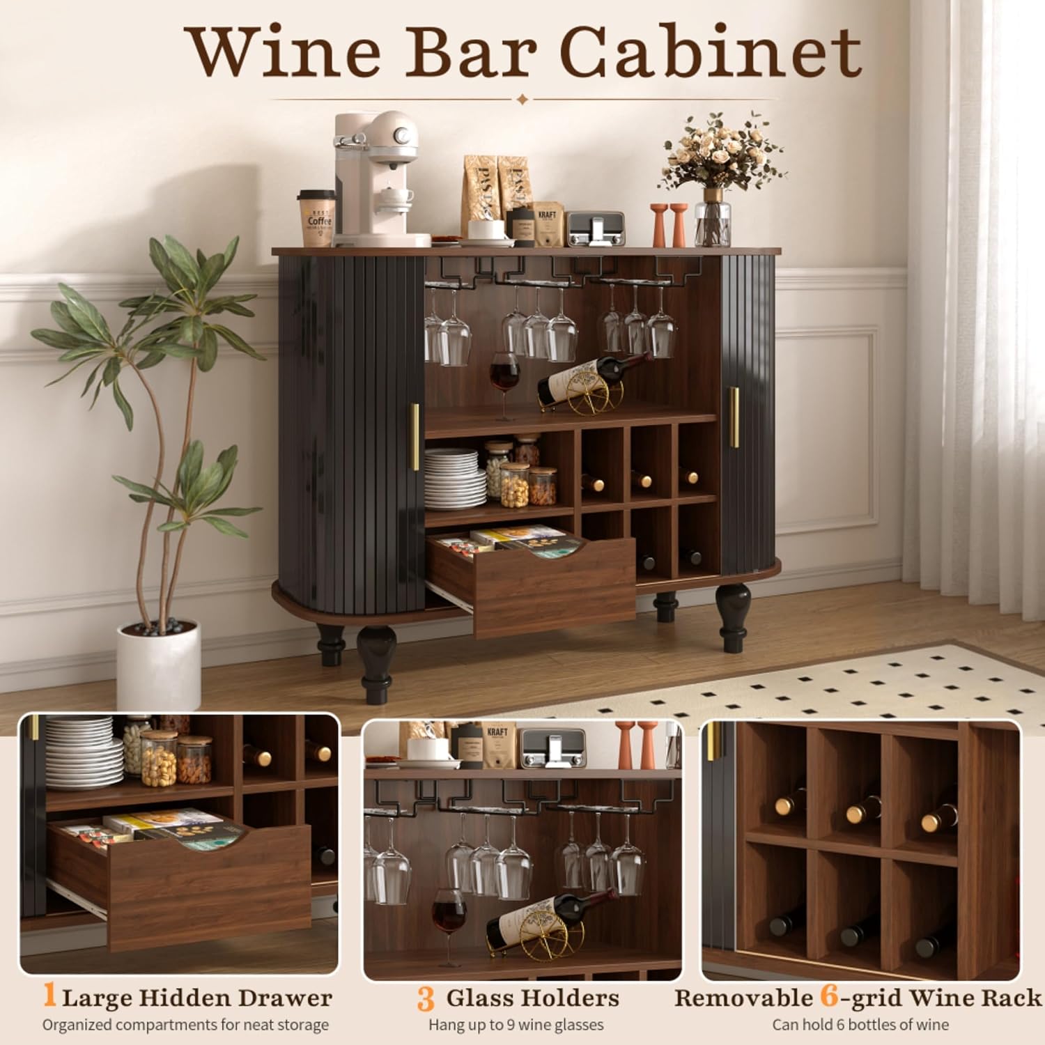 Black Fluted Mid‑Century Bar Cabinet