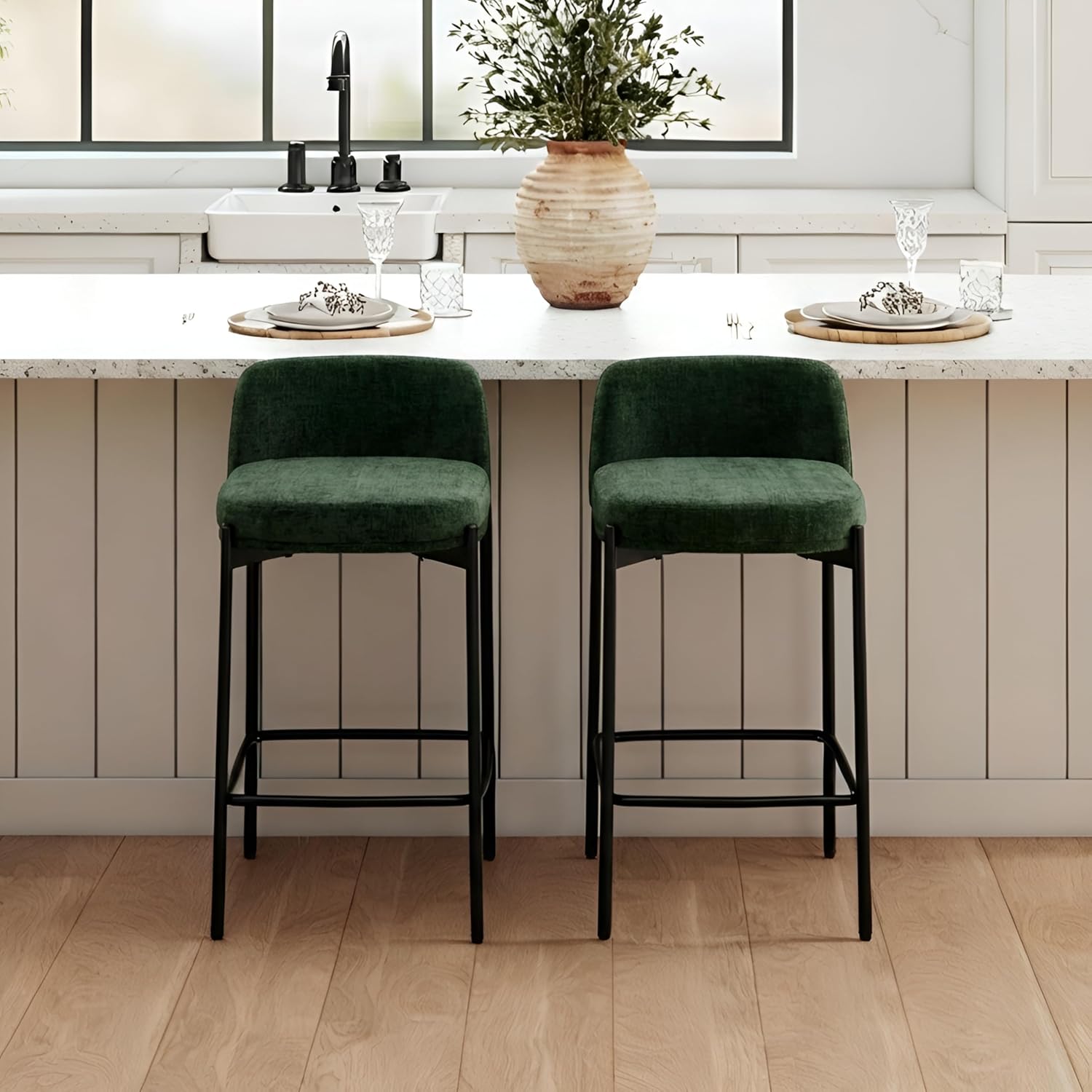 Green Chenille Counter Bar Stools
