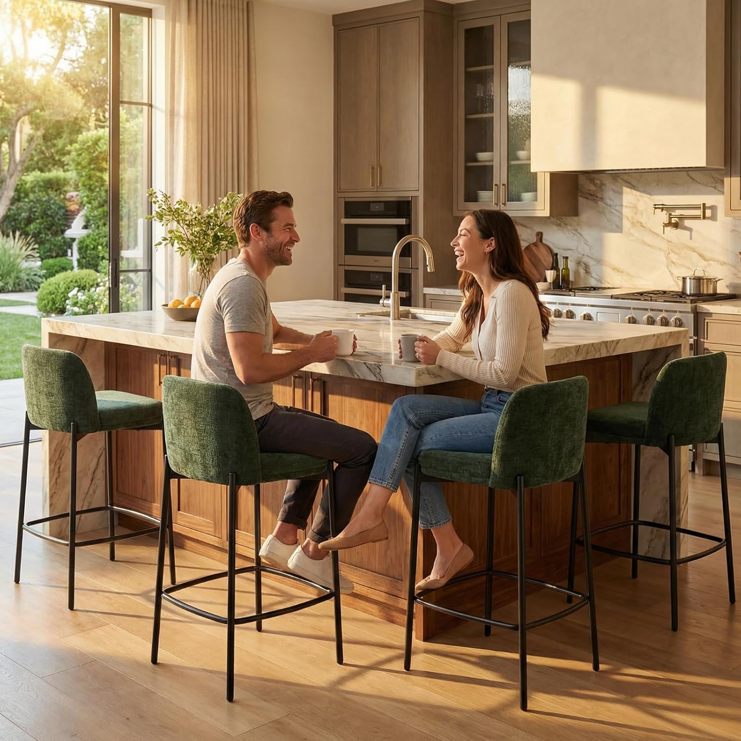 Green Chenille Counter Bar Stools