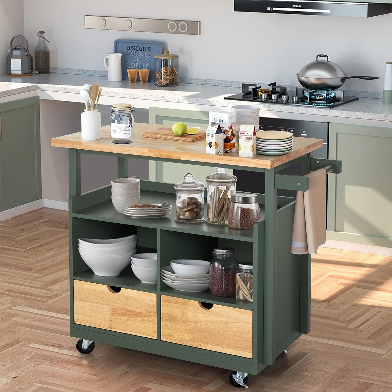 Butcher‑Block Rolling Kitchen Island Cart