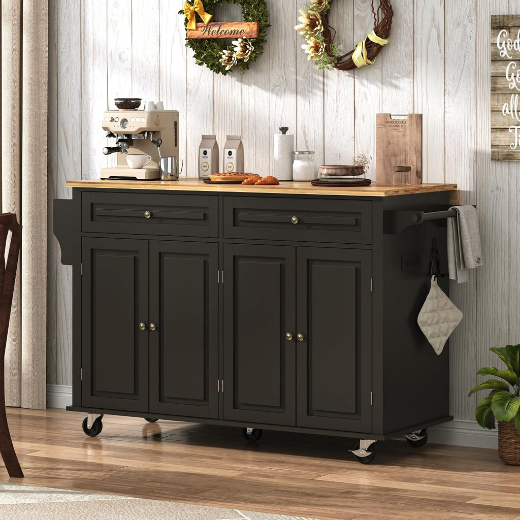 Black Rolling Drop‑Leaf Kitchen Island
