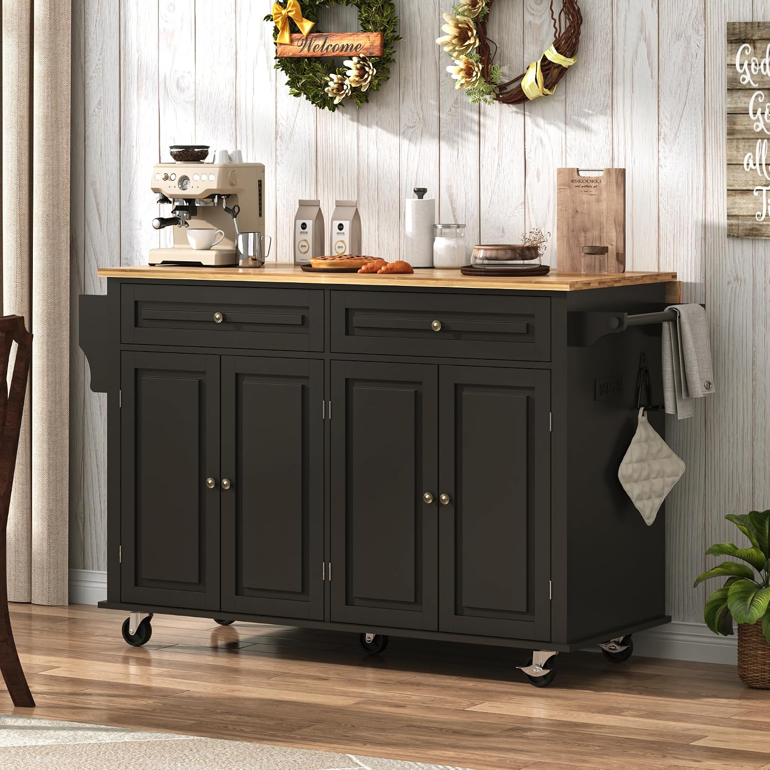 Black Rolling Drop‑Leaf Kitchen Island
