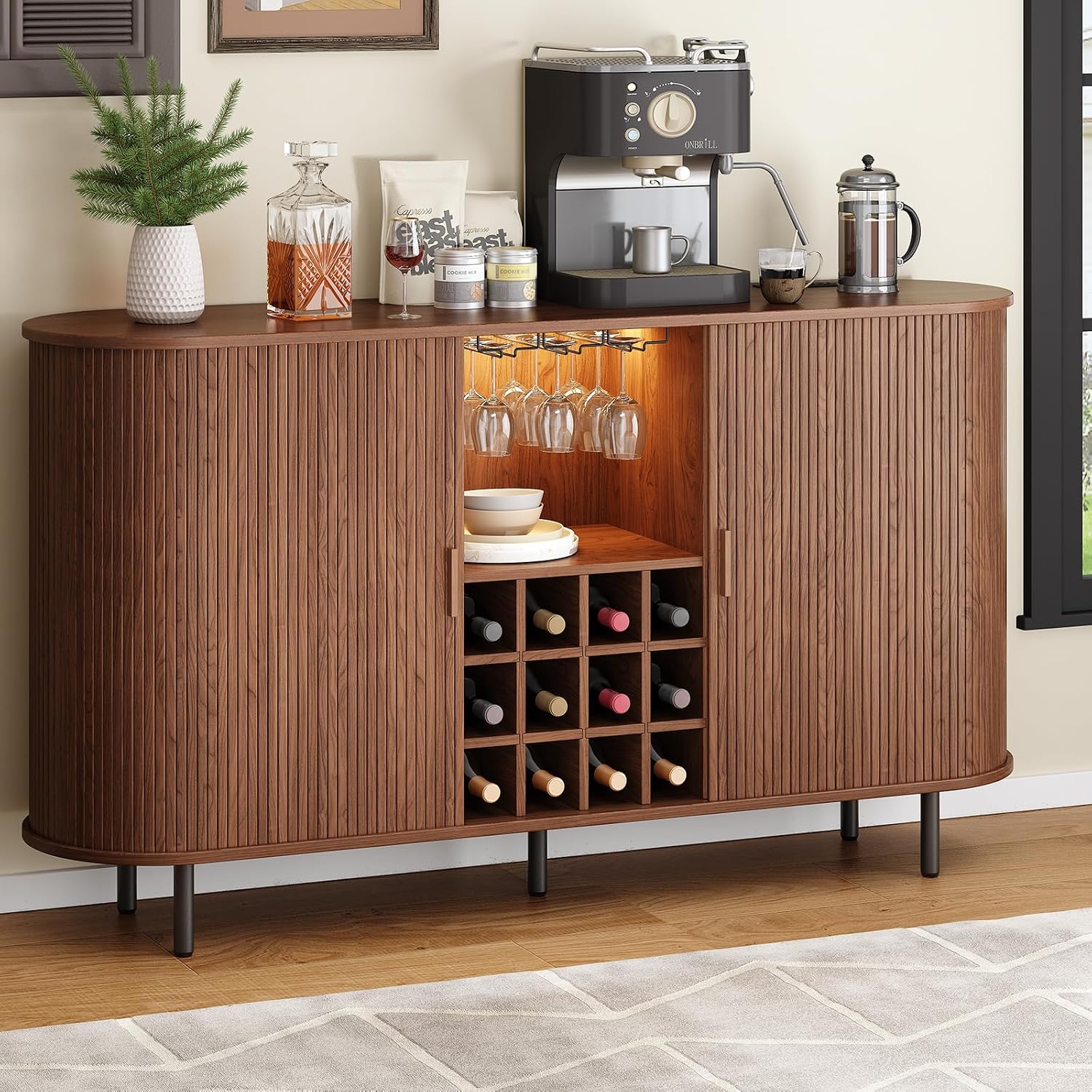 Walnut Fluted LED Wine Bar Cabinet