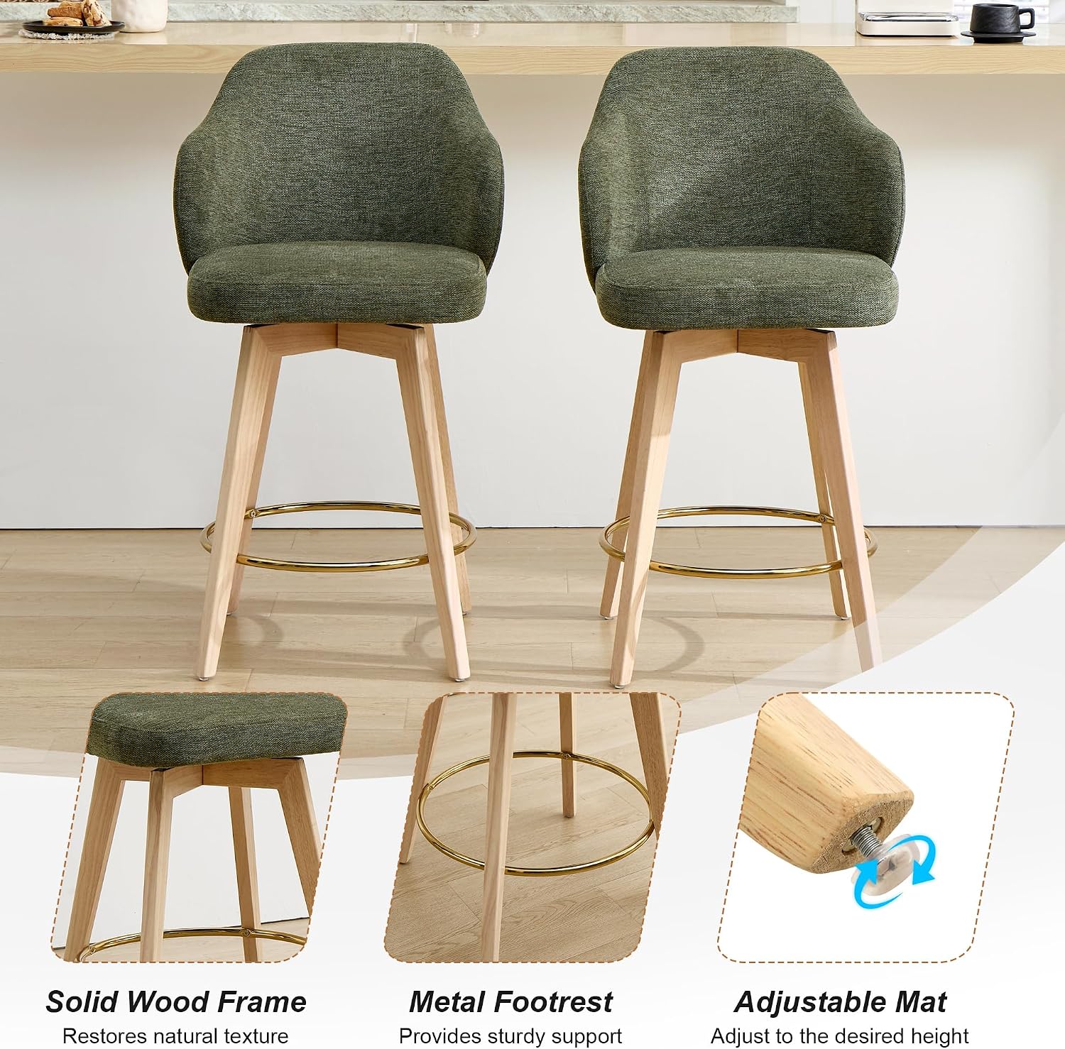 Green Swivel Linen Counter Bar Stools