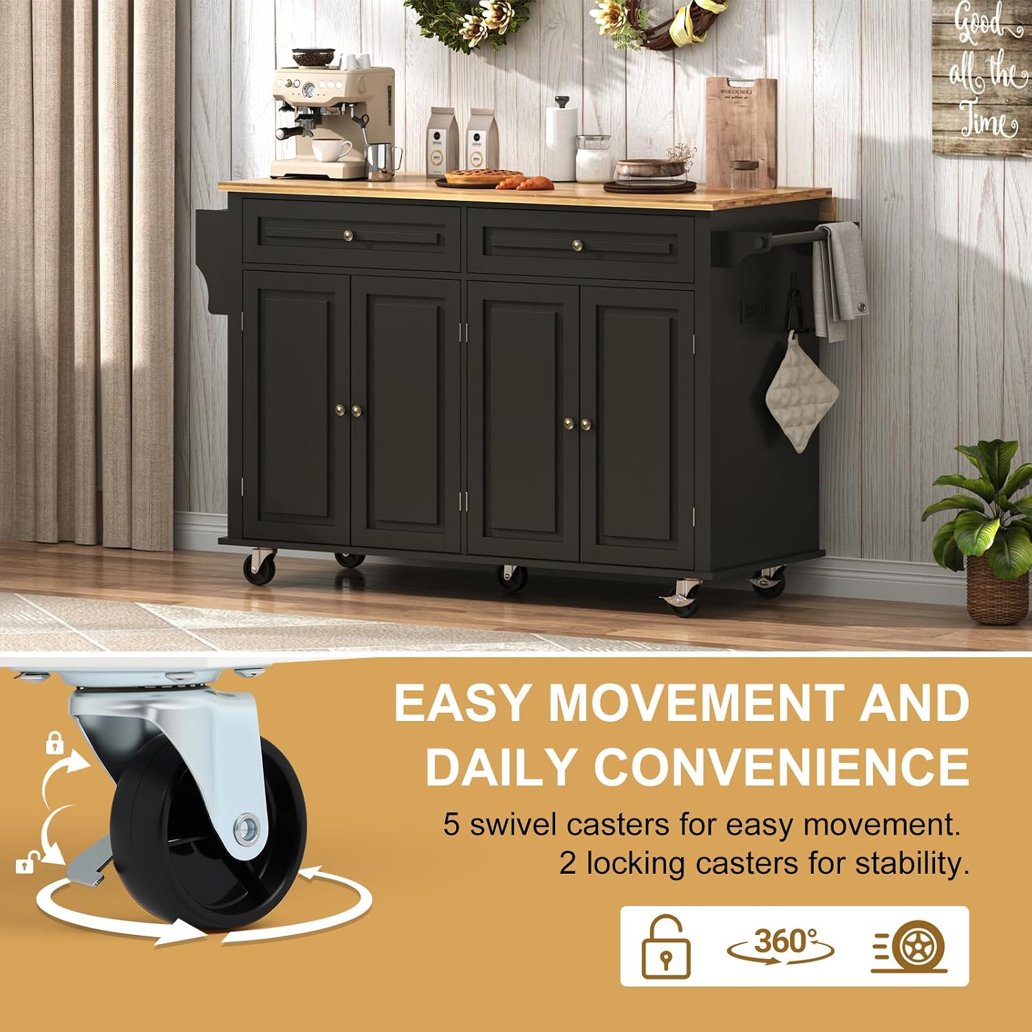 Black Rolling Drop‑Leaf Kitchen Island