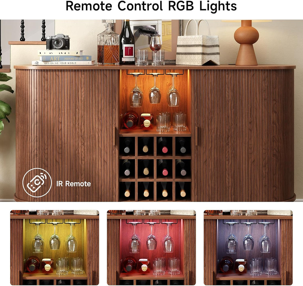 Walnut Fluted LED Wine Bar Cabinet