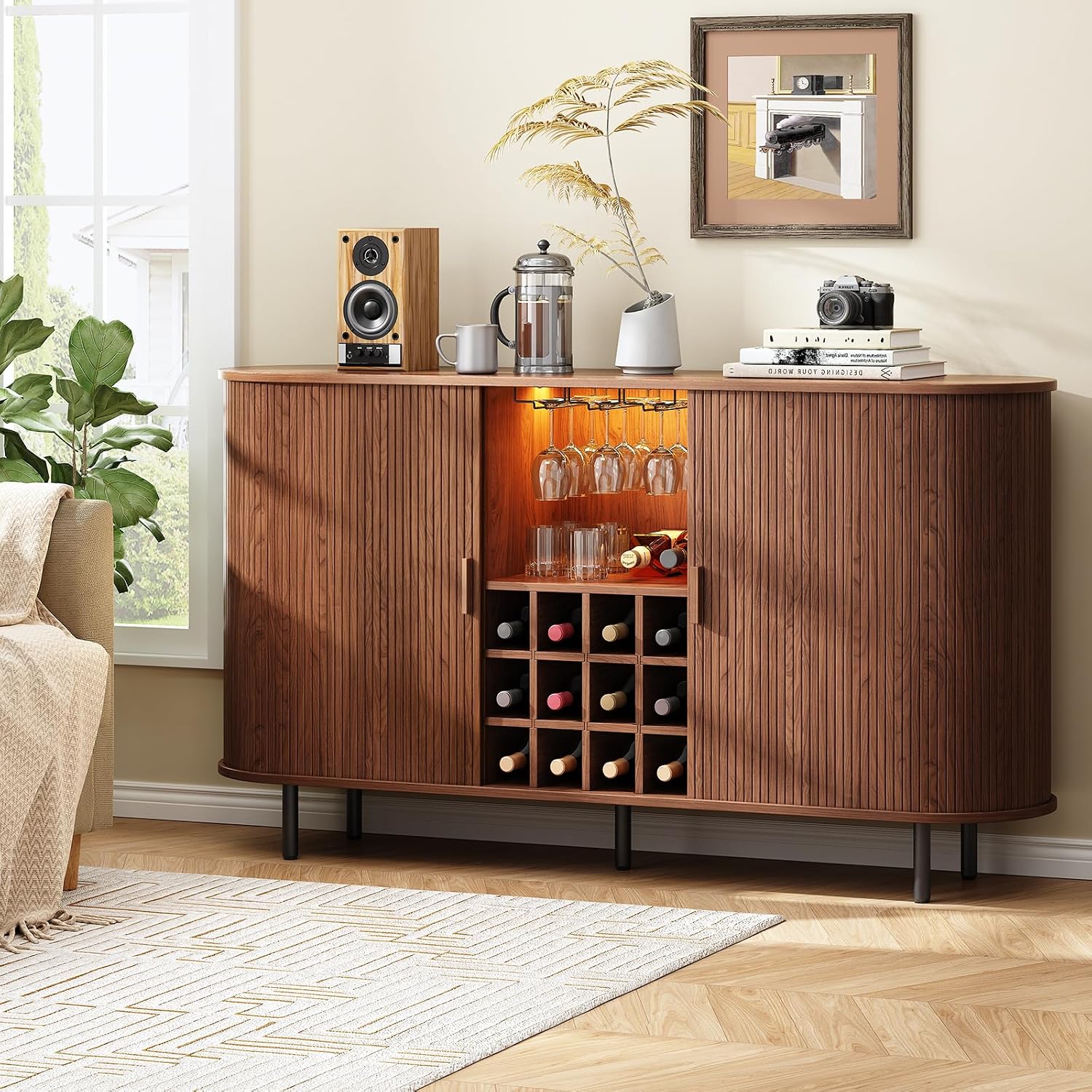 Walnut Fluted LED Wine Bar Cabinet