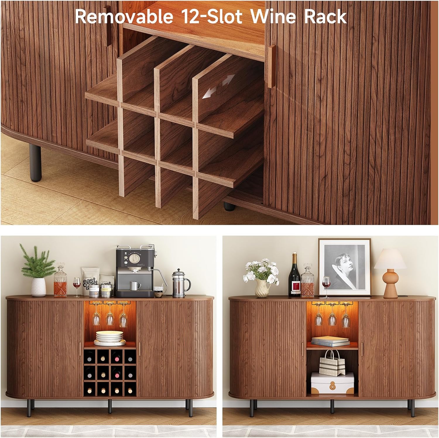 Walnut Fluted LED Wine Bar Cabinet