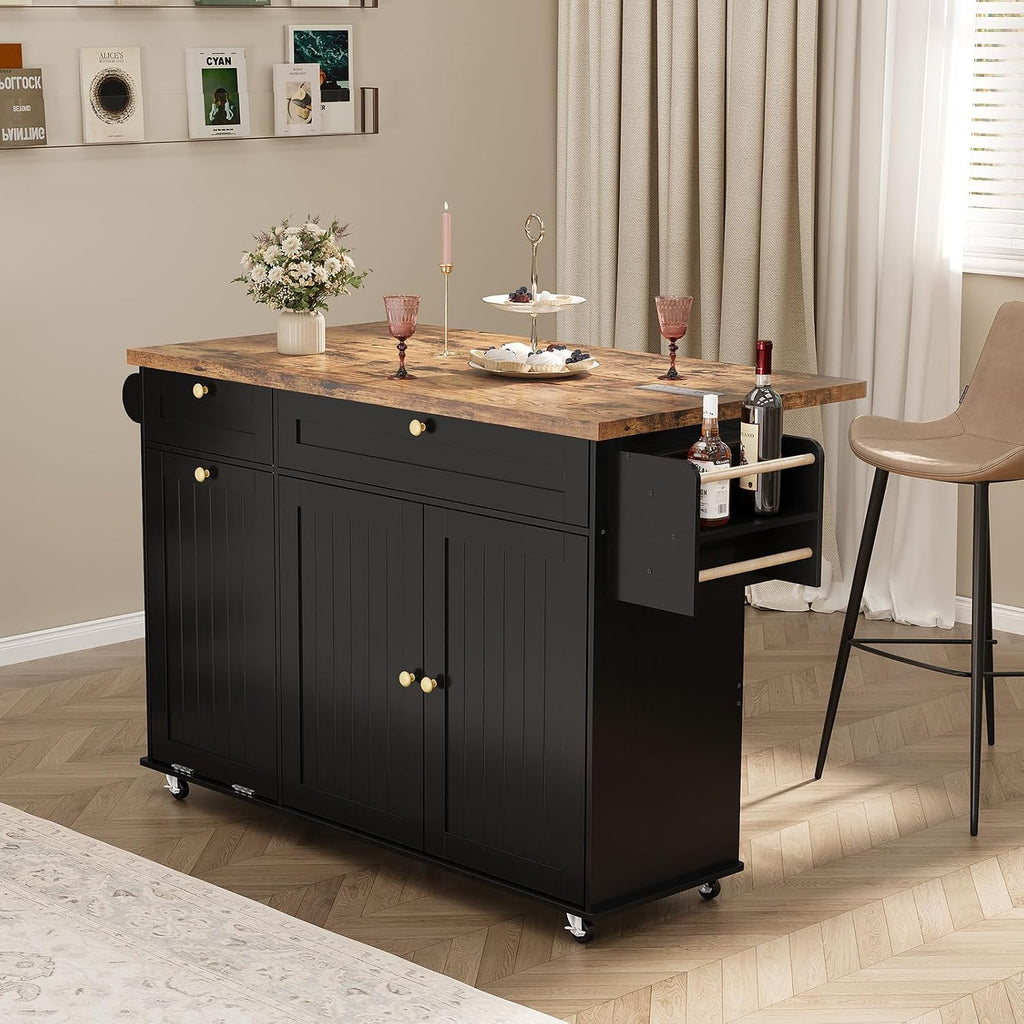 Black Rolling Drop‑Leaf Kitchen Island
