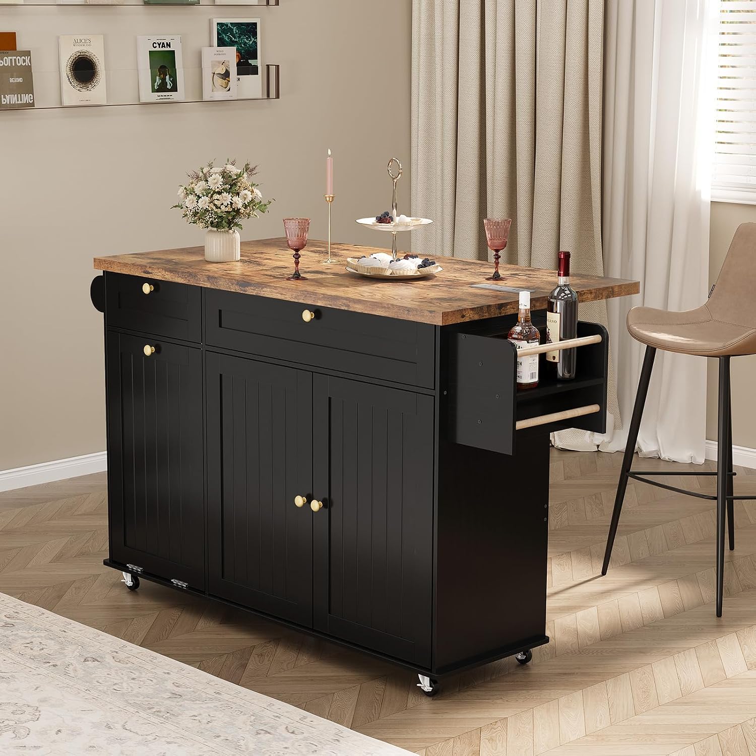 Black Rolling Drop‑Leaf Kitchen Island