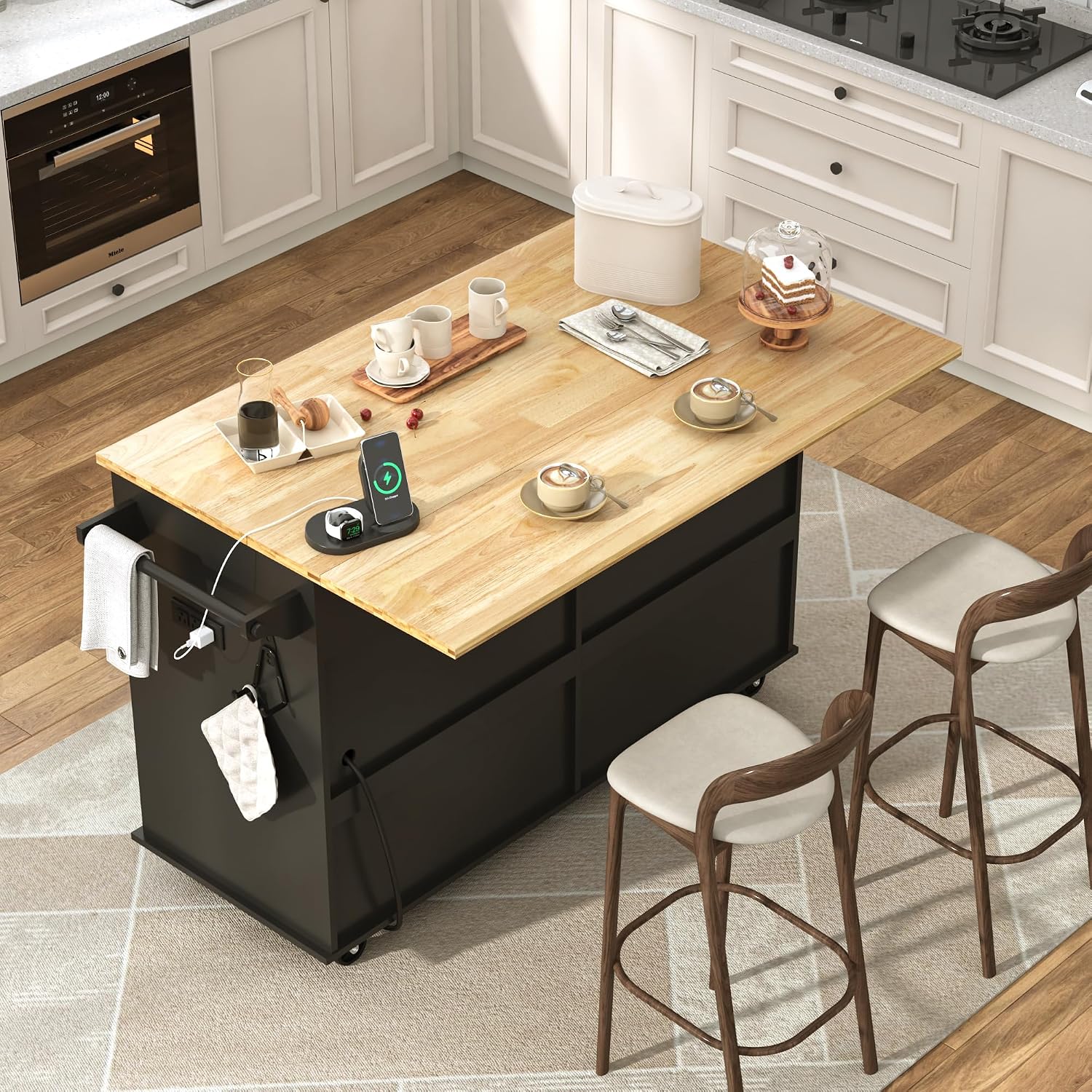 Black Rolling Drop‑Leaf Kitchen Island