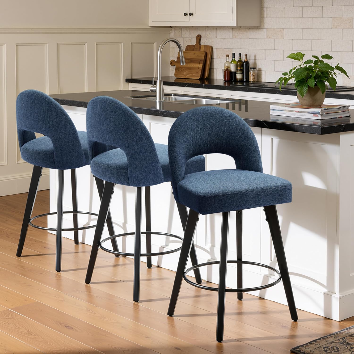 Blue Swivel Fabric Counter Bar Stools
