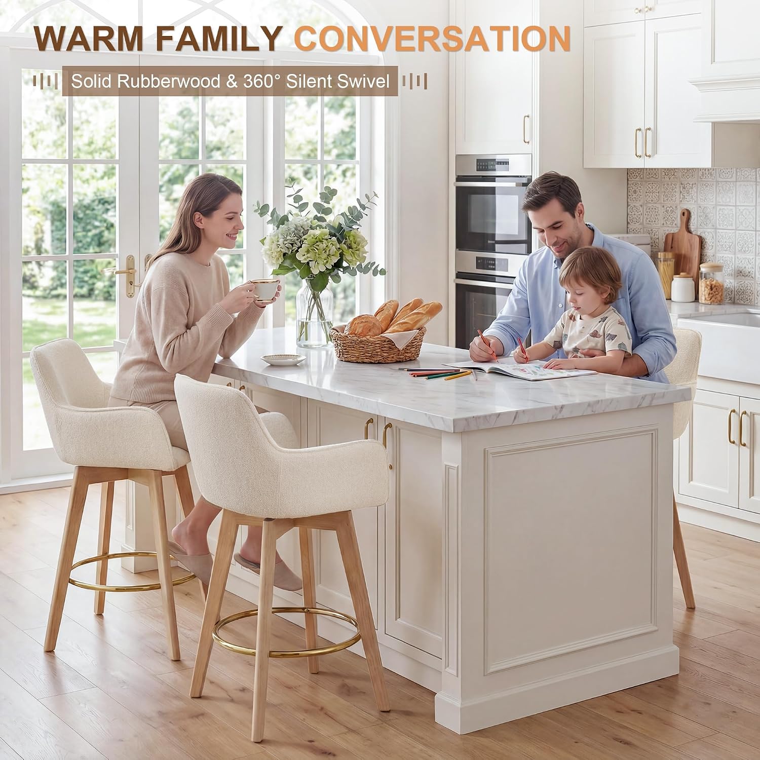 Beige Swivel Linen Counter Bar Stools