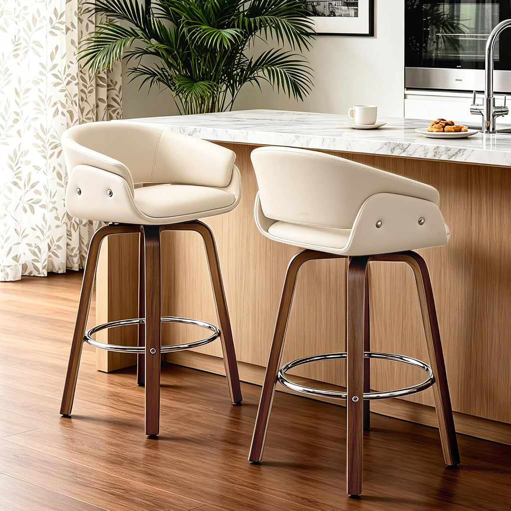 Beige Swivel Faux‑Leather Bar Stools