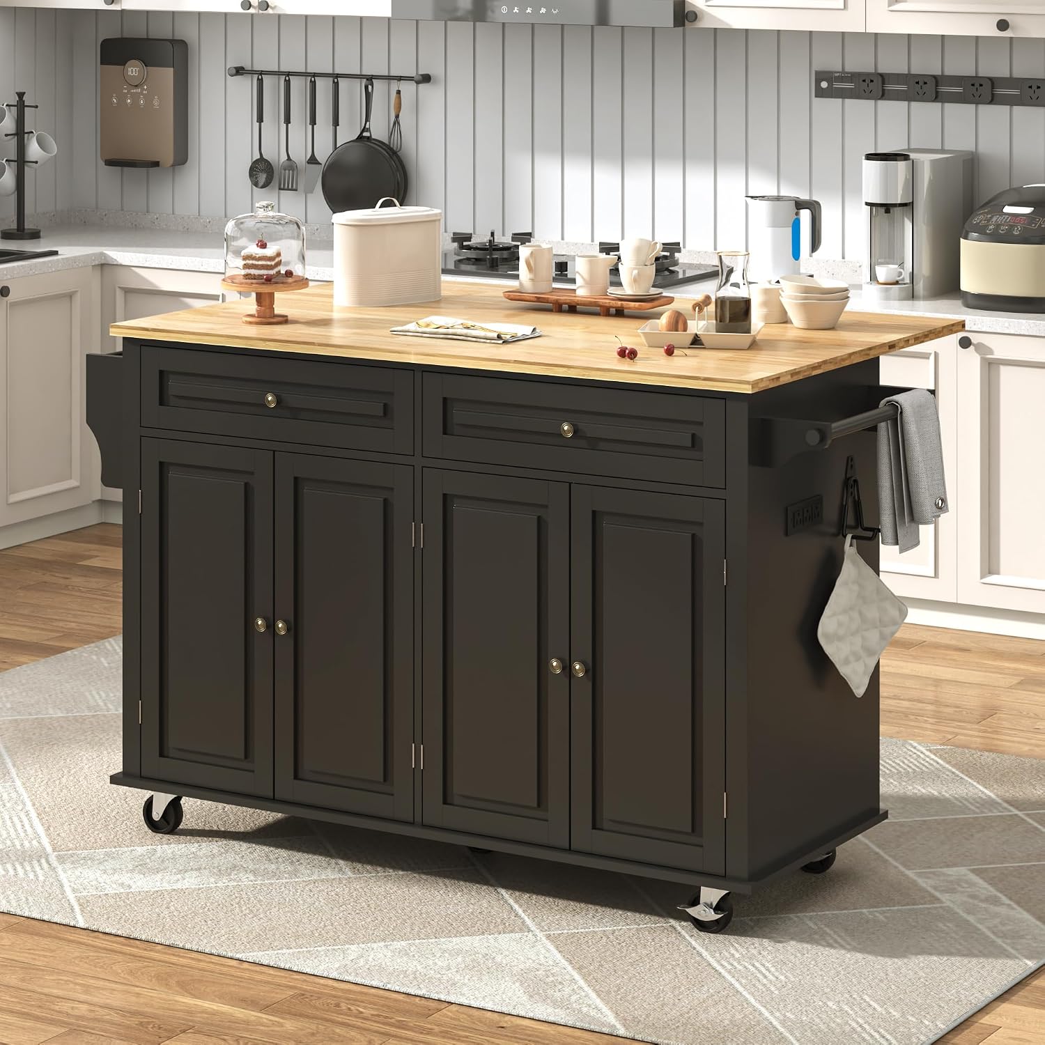Black Rolling Drop‑Leaf Kitchen Island