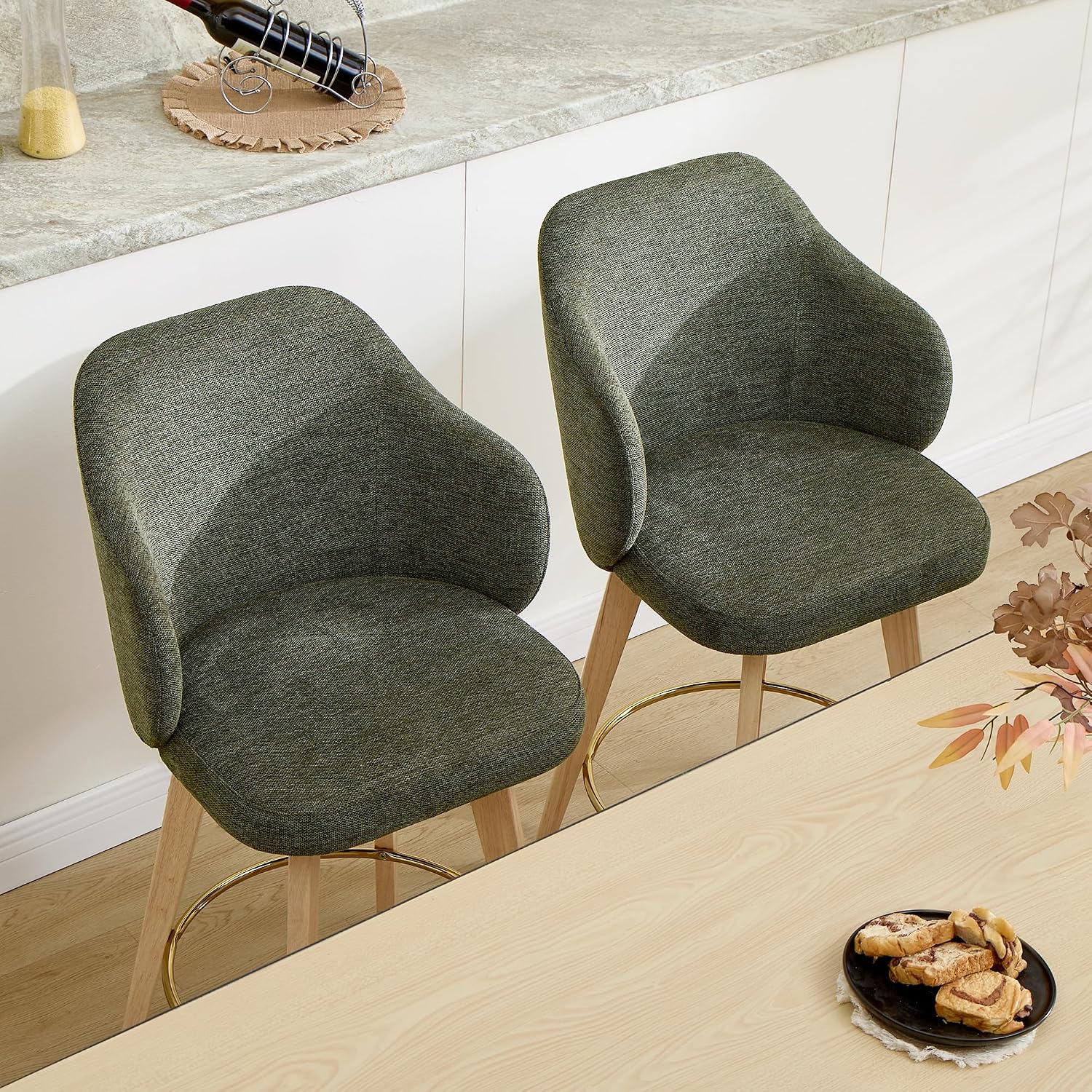 Green Swivel Linen Counter Bar Stools