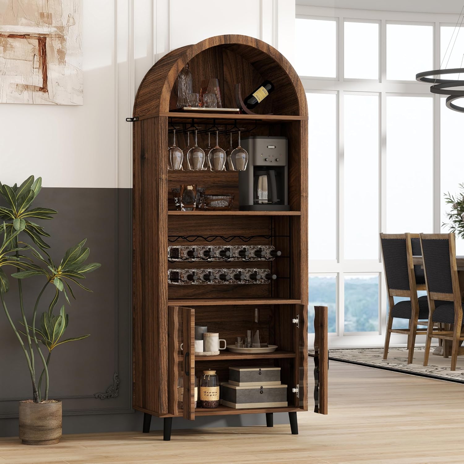 Brown Oak Farmhouse Arched Bar Cabinet