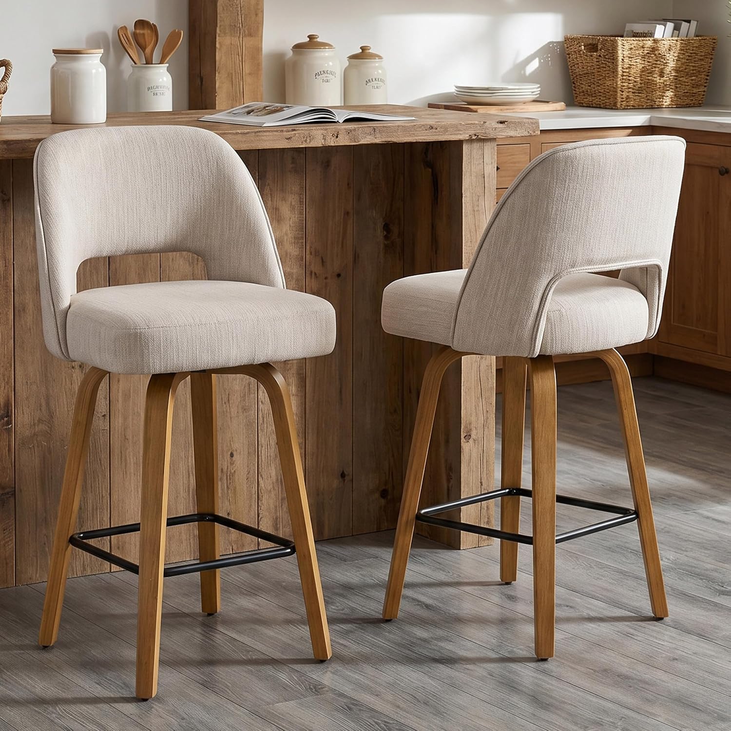 Beige Swivel Oak Bar Stools