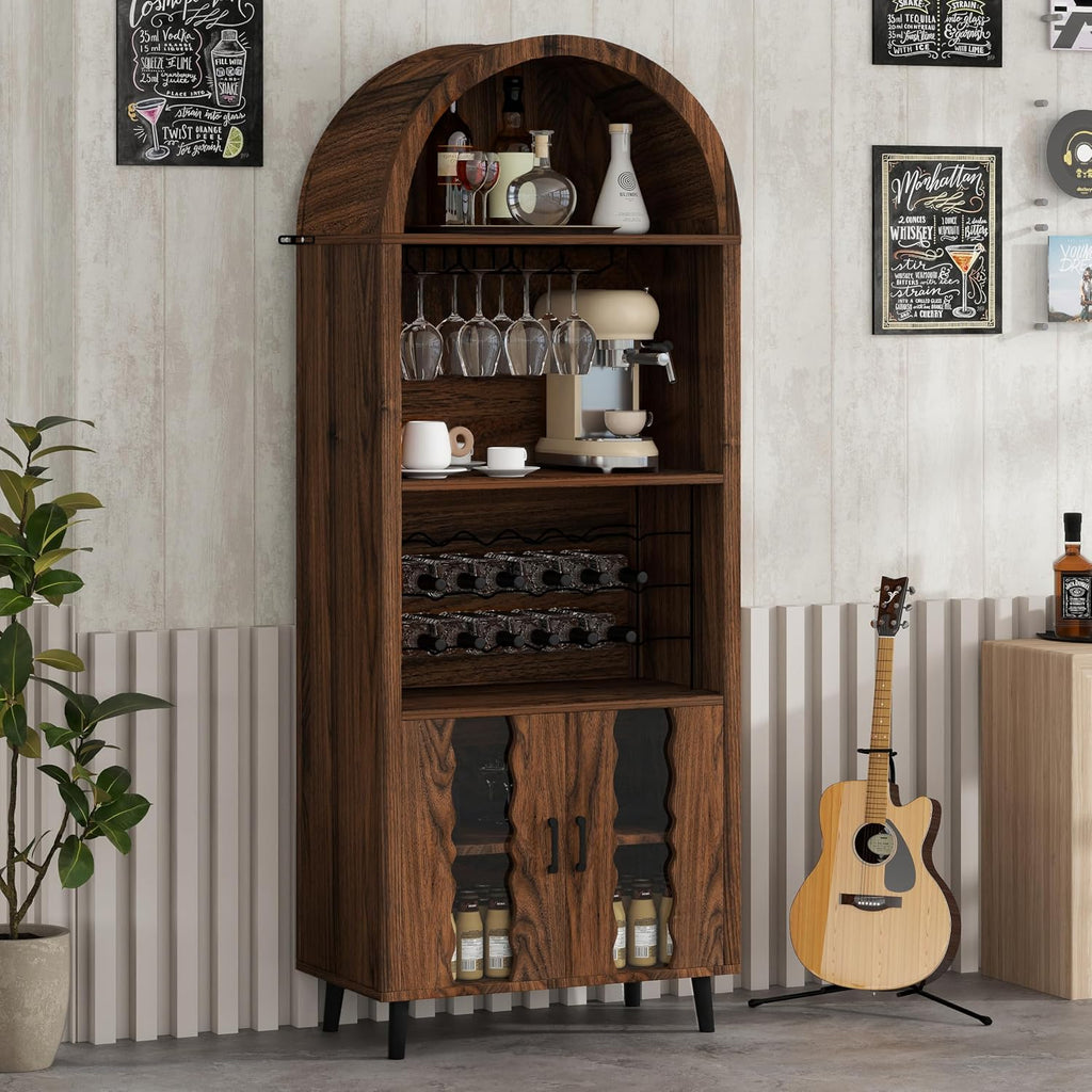 Brown Oak Farmhouse Arched Bar Cabinet