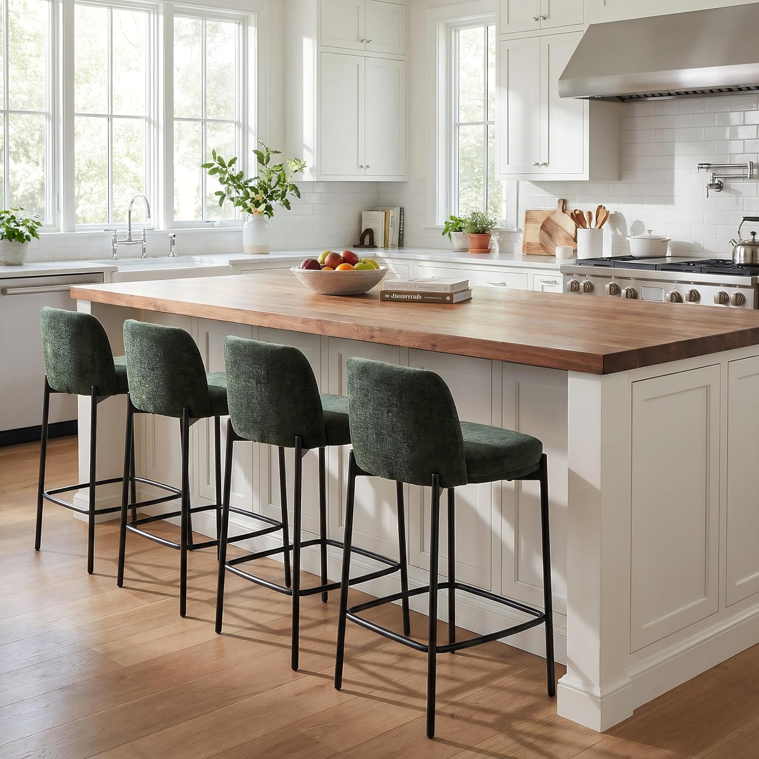 Green Chenille Counter Bar Stools