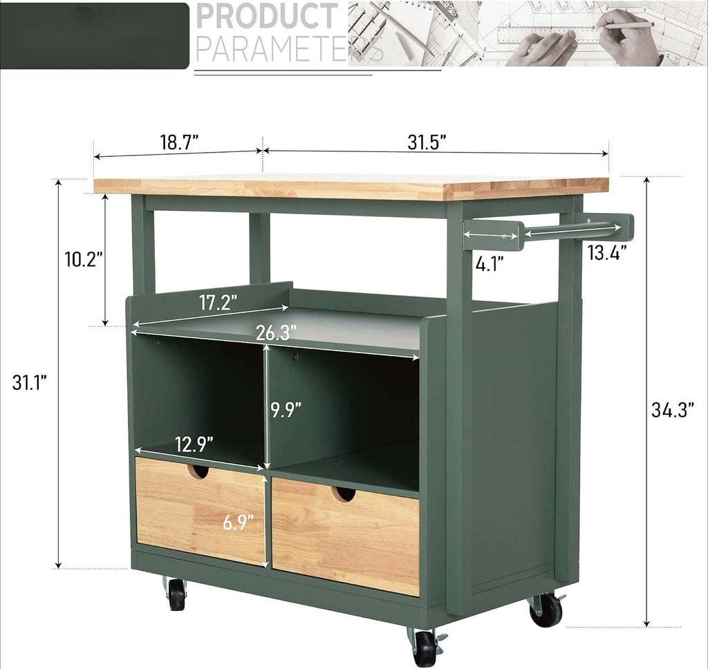 Butcher‑Block Rolling Kitchen Island Cart