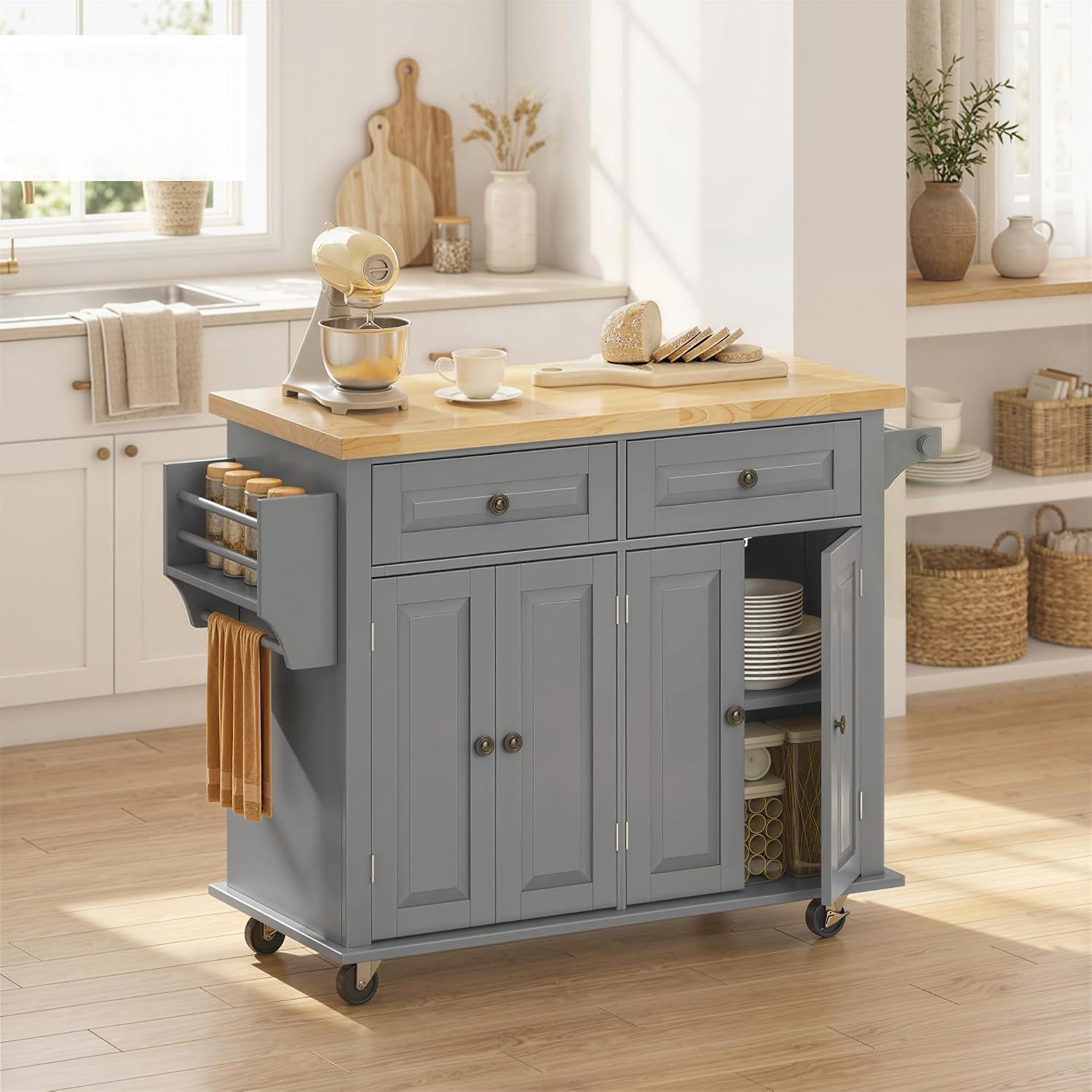 Gray Wood‑Top Rolling Kitchen Cart
